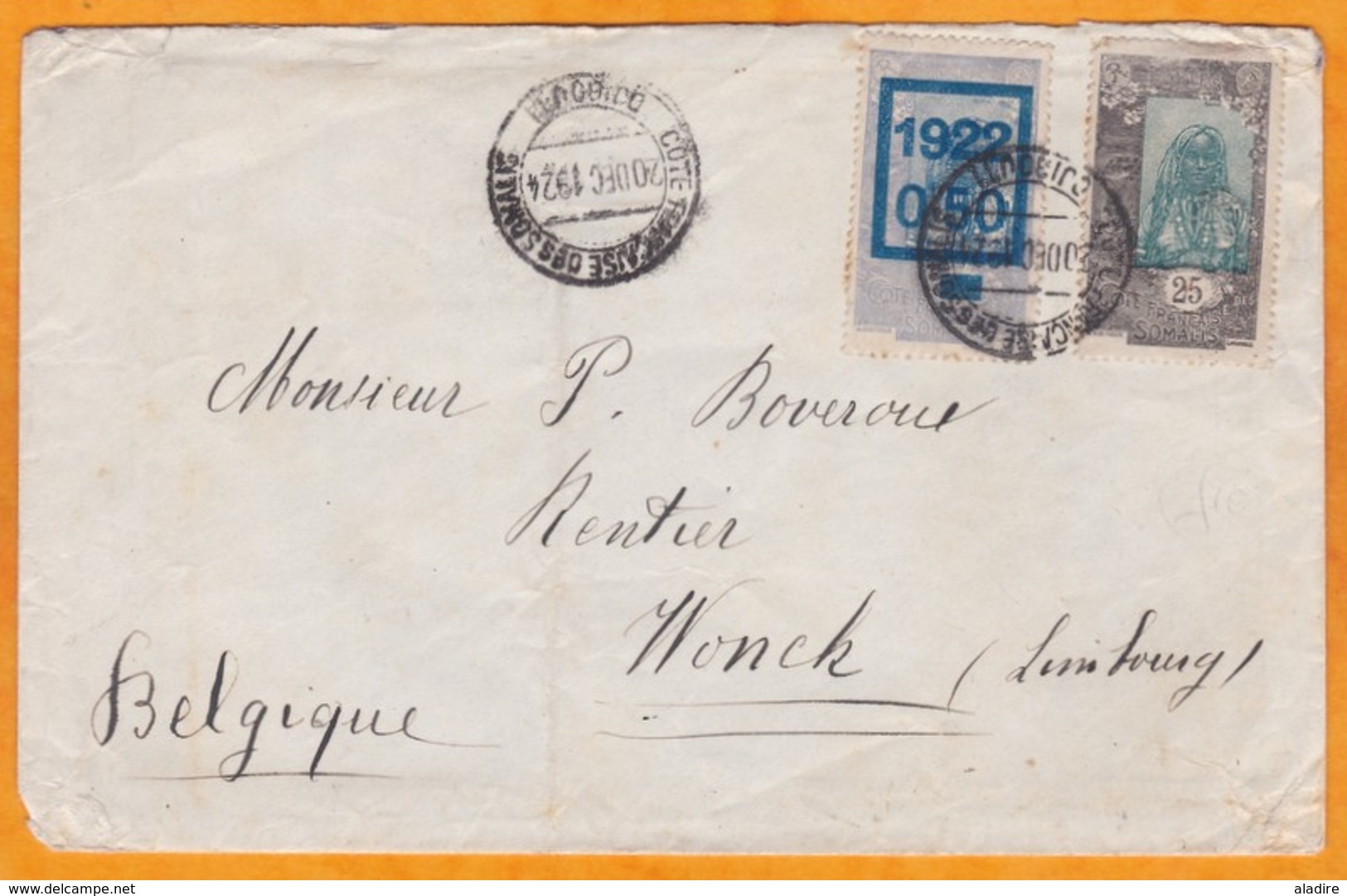 1924 - Enveloppe De Djibouti, Côte Française Des Somalis Vers Wonck, Limbourg, Belgique - Affrt 75 C Dont T. Surch 1922 - Covers & Documents