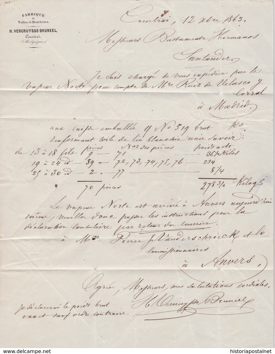 1863. COURTRAI A SANTANDER. FECHADOR Y MARCA BELGICA RECUADRADA ROJO. PORTEO 30 DÉCIMAS. TRÁNSITOS DORSO. MUY BONITA. - Other & Unclassified