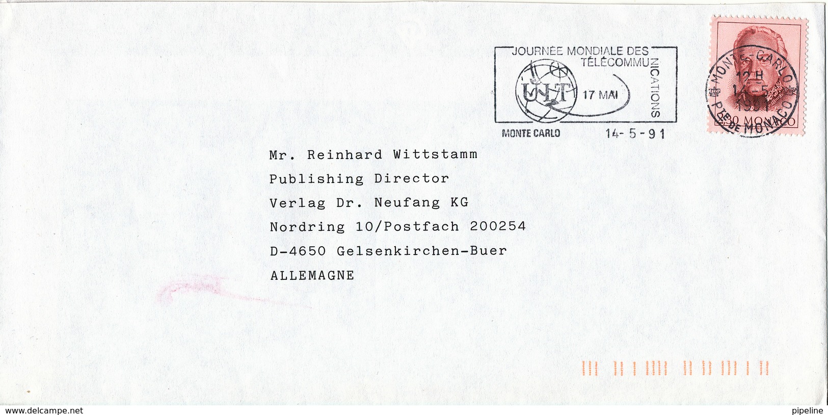 Monaco Cover Sent To Germany Monte Carlo 14-5-1991 Single Franked - Covers & Documents