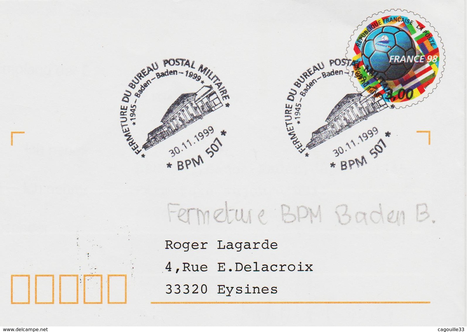 France, Bureau Postal Militaire,BPM  507  Fermeture Du Bureau De Baden-Baden En 1999  TB - Cachets Militaires A Partir De 1900 (hors Guerres)