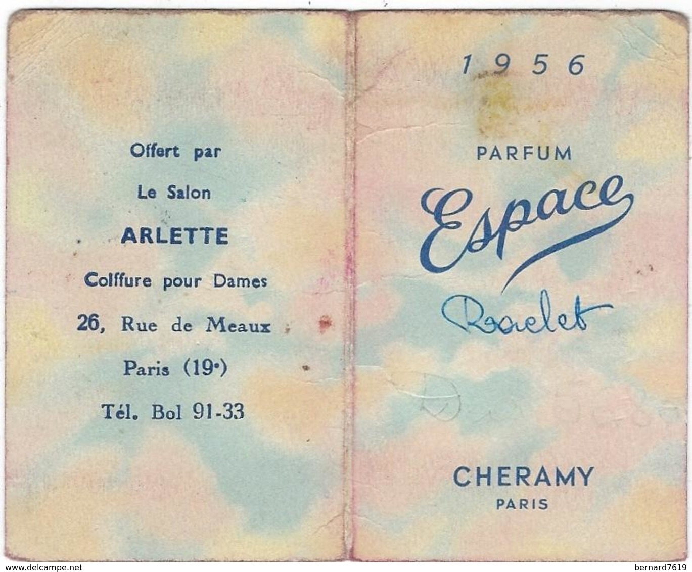 1956  Parfum Espace  Cheramy  Salon Arlette  Paris Rue De Meaux 75010+ Calendrier Au Verso1956 - Produits De Beauté