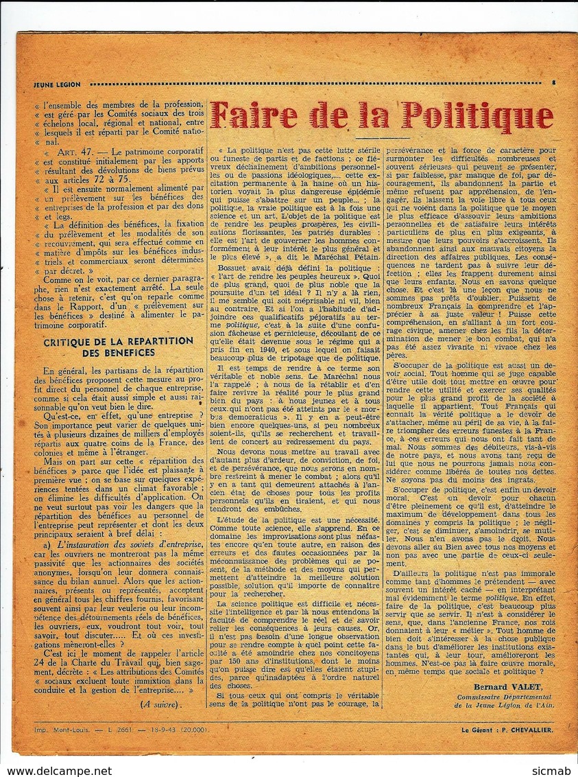 LÉGION FRANÇAISE DES COMBATTANTS Et Des VOLONTAIRES DE LA RÉVOLUTION NATIONALE, JEUNE LÉGION N°21 1er OCT;.1943 - 1900 - 1949