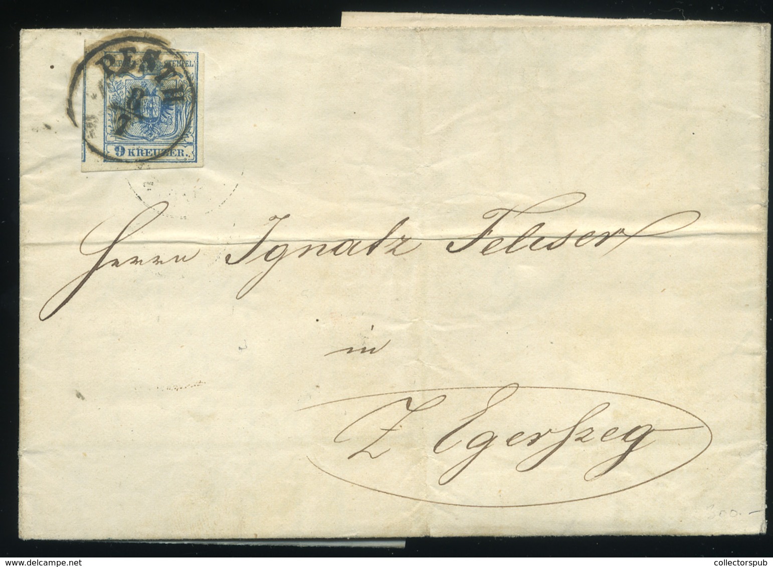 PEST 1854. 9Kr-os Szép Levél Munkácsra Küldve (szép ívszél) , Okmány Bélyeges Tartalommal - Used Stamps