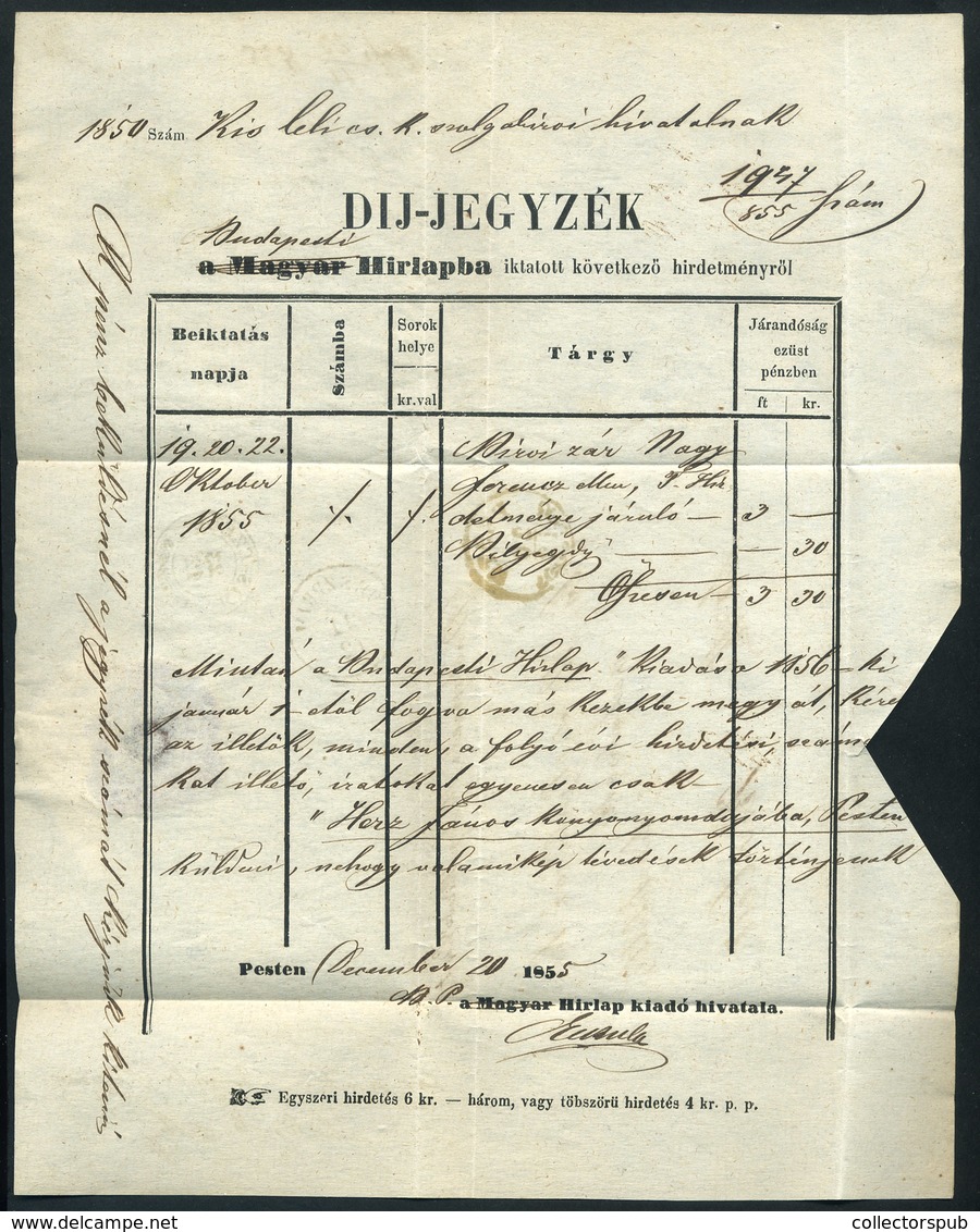 PEST 1855. Budapesti Hírlap Dekoratív Számla Levél Kiscellbe Küldve - ...-1867 Voorfilatelie