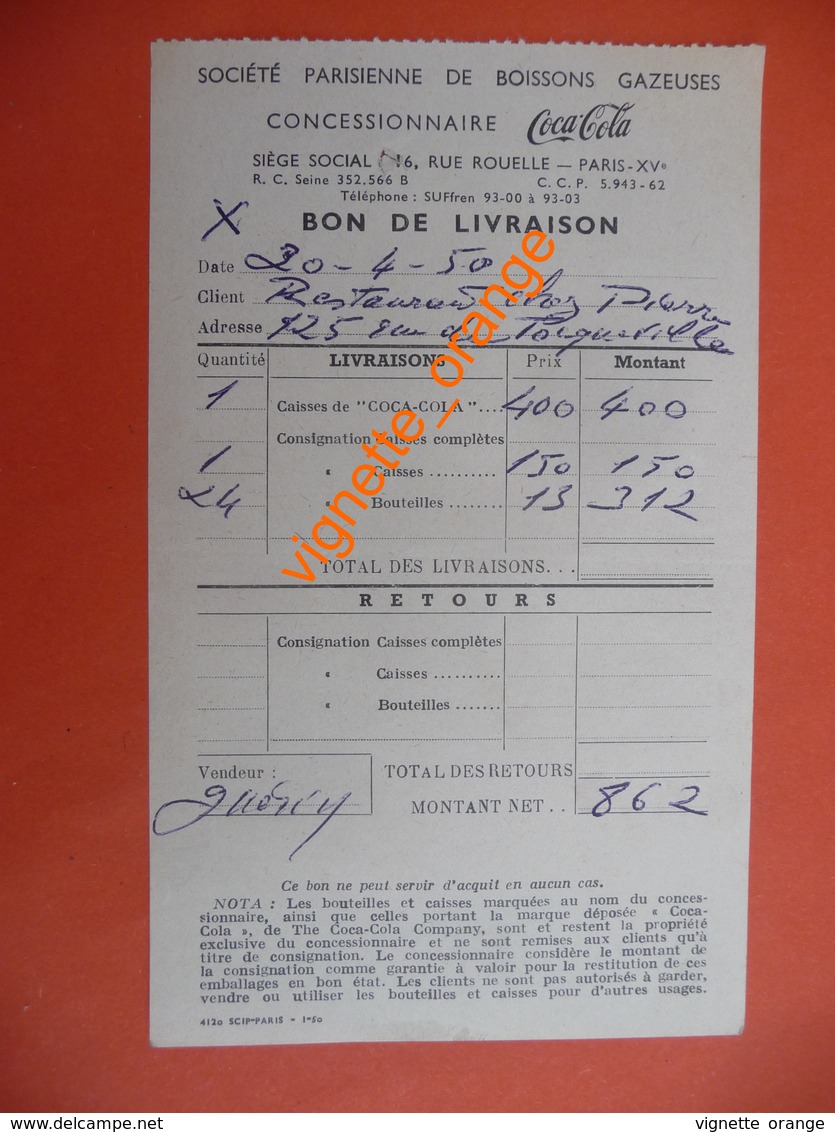 Reçu Bon Livraison Société Parisienne De Boissons Gazeuses CONCESSIONNAIRE Coca-Cola ( Caisses De Coca-Cola - 1950 - ...