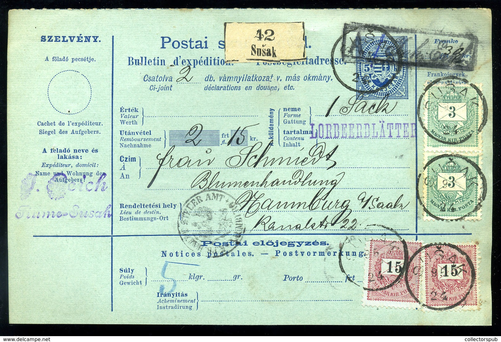 SUSAK 1895. Csomagszállító 2*15kr+ 2*3Kr Németországba - Gebruikt