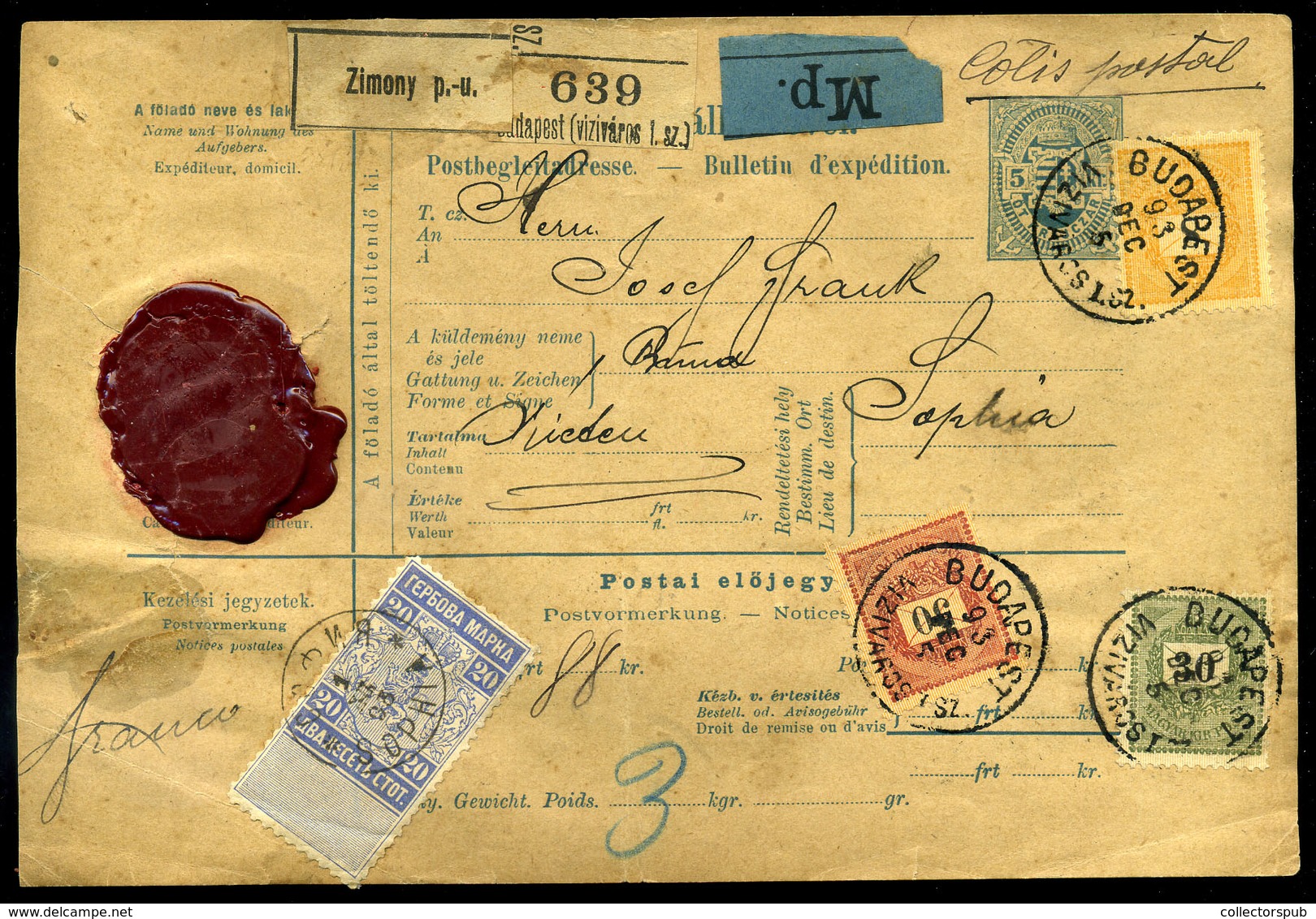 BUDAPEST 1893 Csomagszállító 50+30+8 Kr Bérmentesítéssel Bulgáriába - Gebraucht