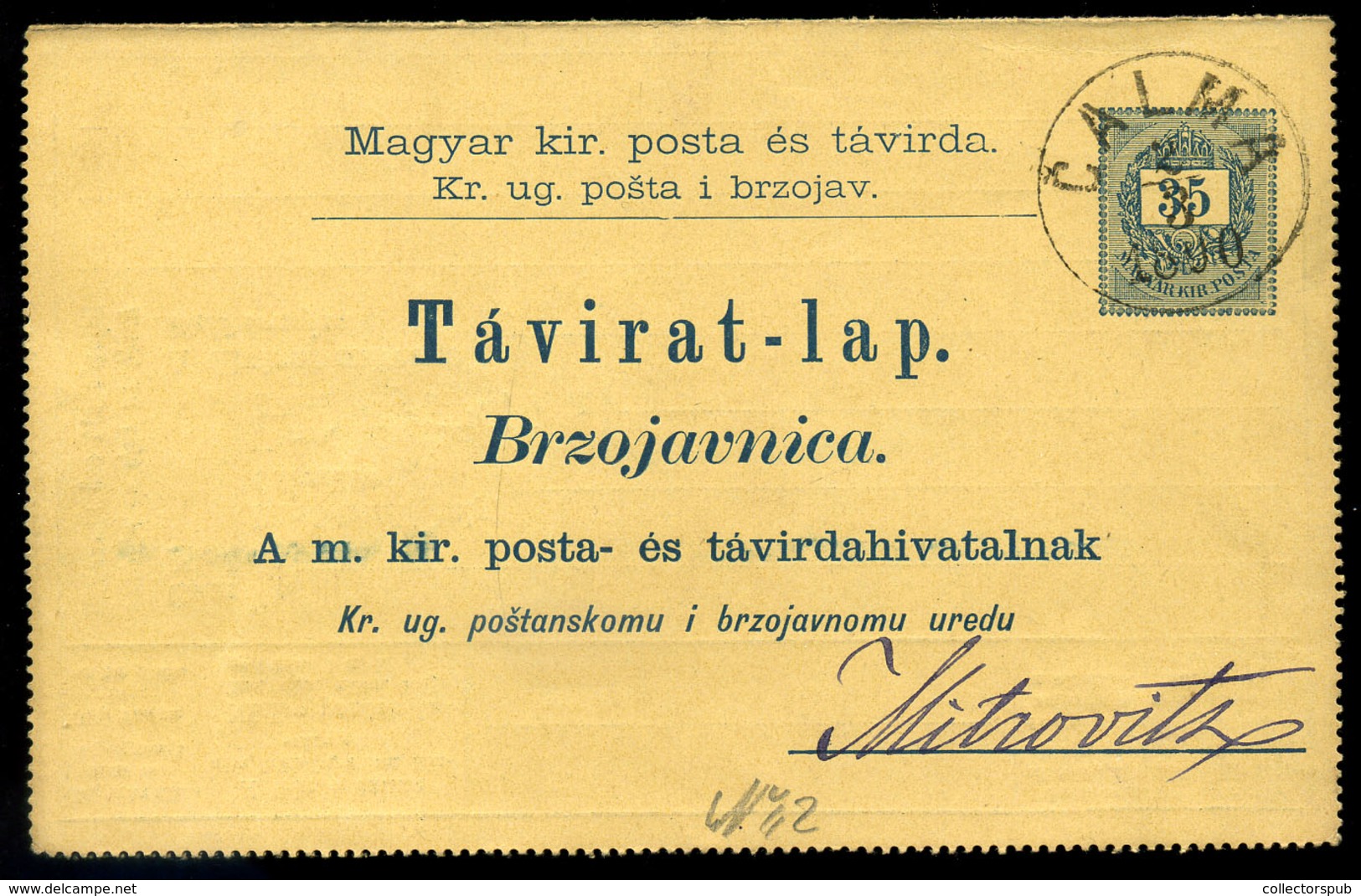 CALMA 1890. Kétnyelvű Díjjegyes Távirat Lap 30+10Kr Kiegészítéssel - Gebruikt