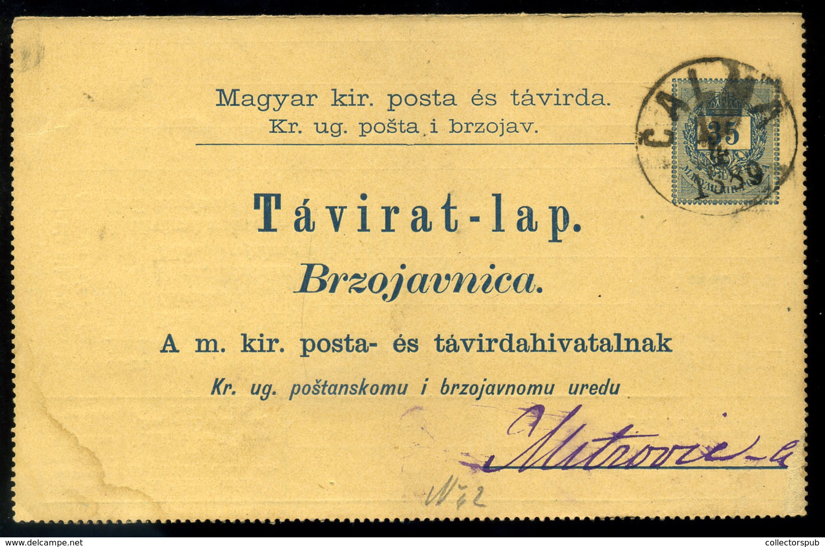 CALMA 1890. Kétnyelvű Díjjegyes Távirat Lap 15+3Kr Kiegészítéssel - Gebruikt
