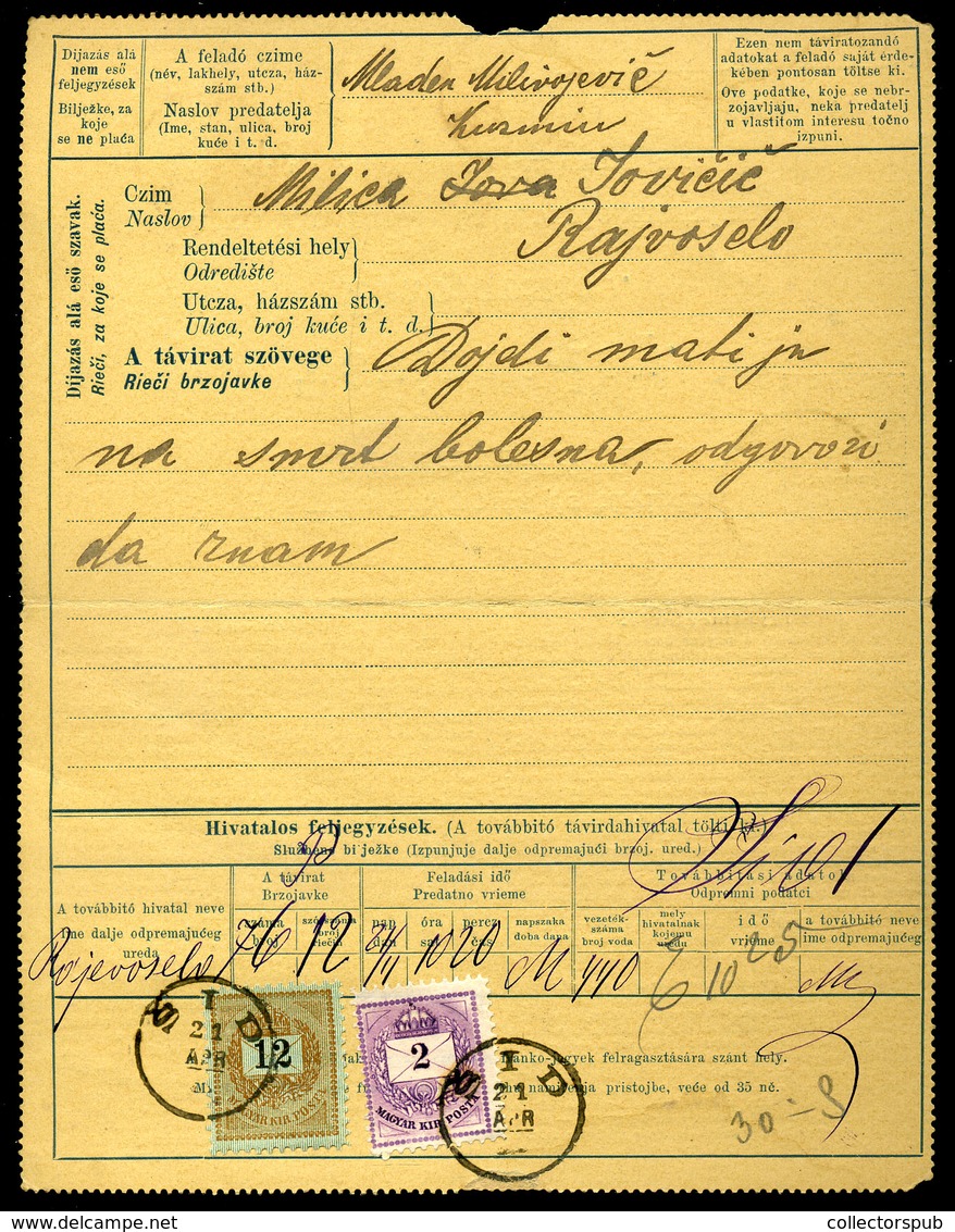 KUZMIN 1890. Kétnyelvű Díjjegyes Távirat Lap 12+2Kr Kiegészítéssel - Used Stamps