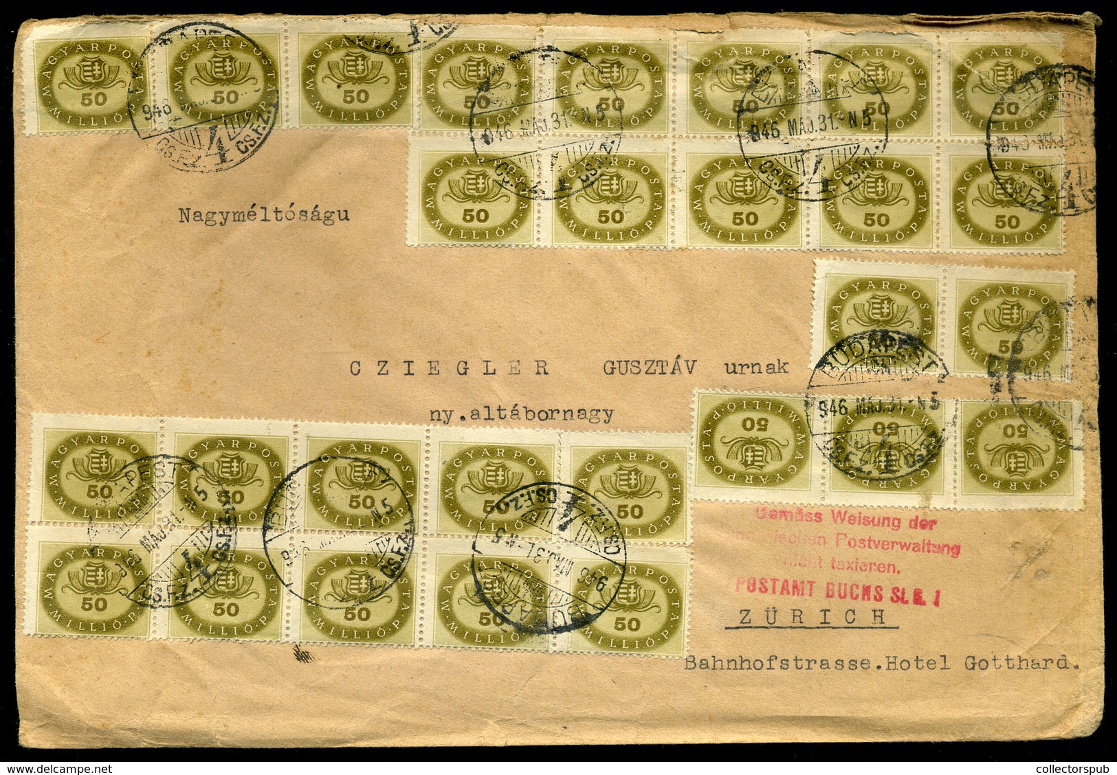 BUDAPEST 1946.05.31. 100g-os Infla Levél Svájcba Küldve, Ritka! / 100g (5th Class) Cover 38 Stamps Budapest To Zurich 31 - Brieven En Documenten