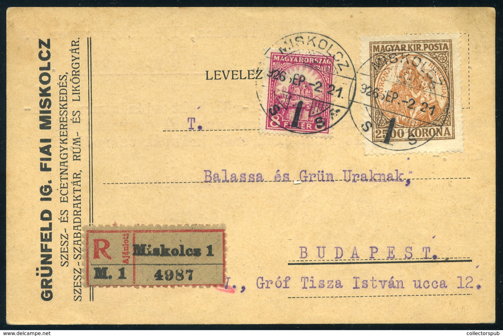 MISKOLC 1926. Ajánlott Céges Levlap Korona-fillér Vegyes Bérmentesítéssel Budapestre - Brieven En Documenten