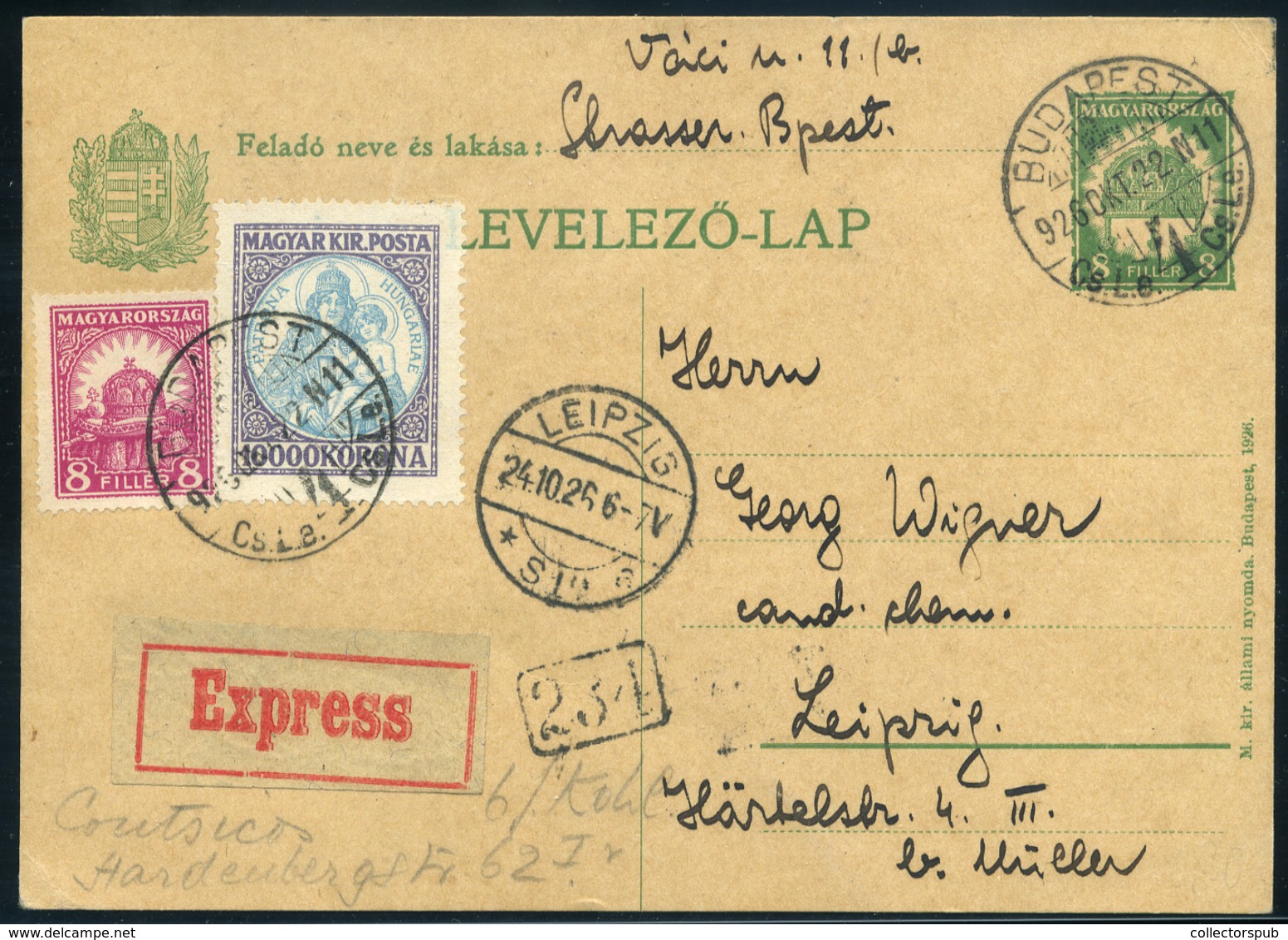 BUDAPEST 1926. Expressz Levlap Korona-fillér Vegyes Bérmentesítéssel Lipcsébe Küldve - Brieven En Documenten