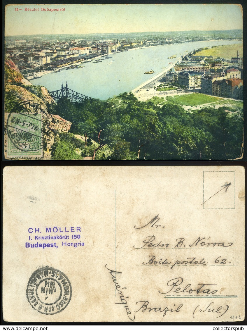 BUDAPEST 1914. Képeslap, Előoldali Bérmentesítéssel Brazíliába - Gebruikt