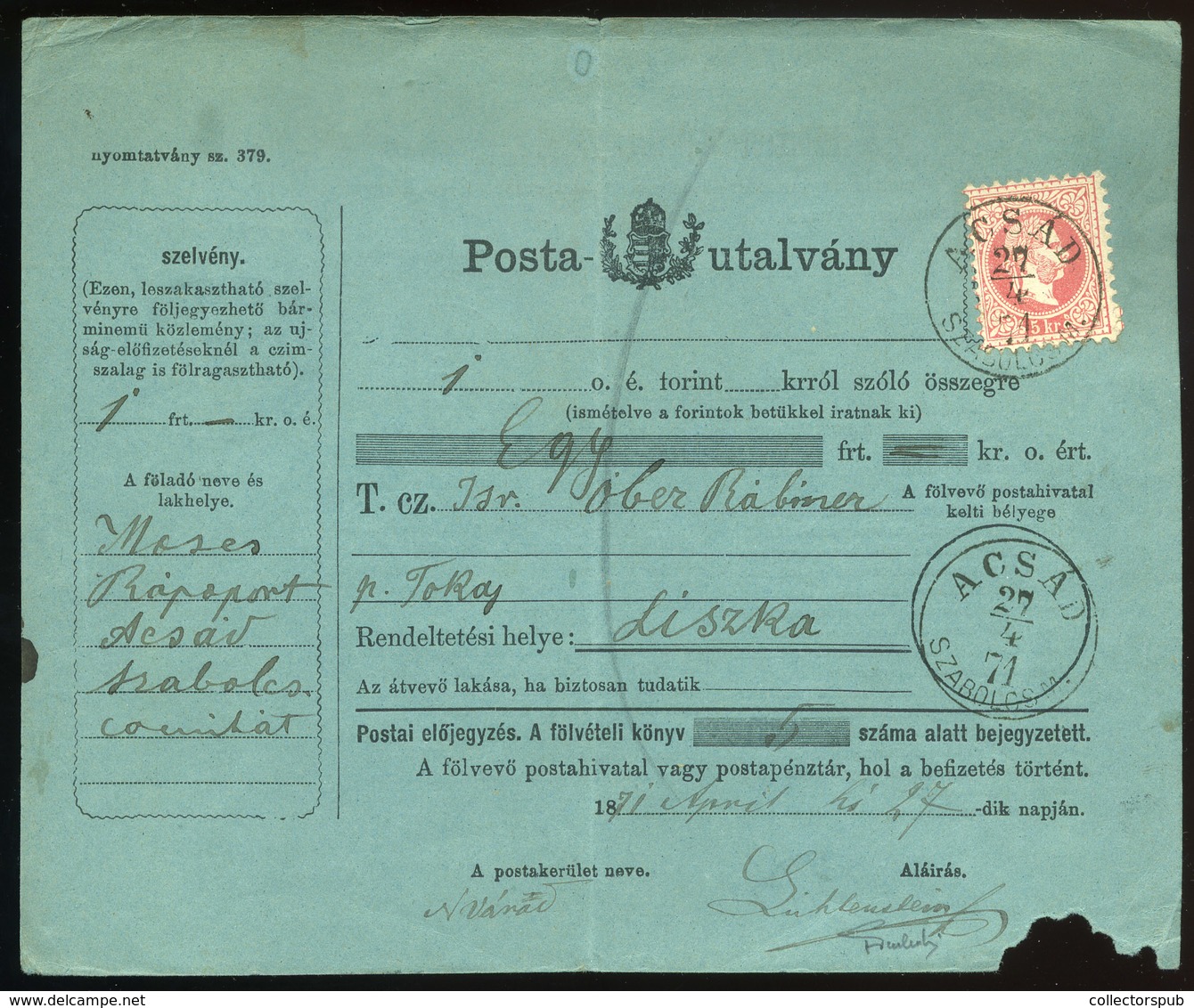 ACSÁD 1871. Postautalvány 5Kr-ral Liszkára Küldve, Héber Nyelvű Feljegyzéssel és Aláírással - Gebruikt