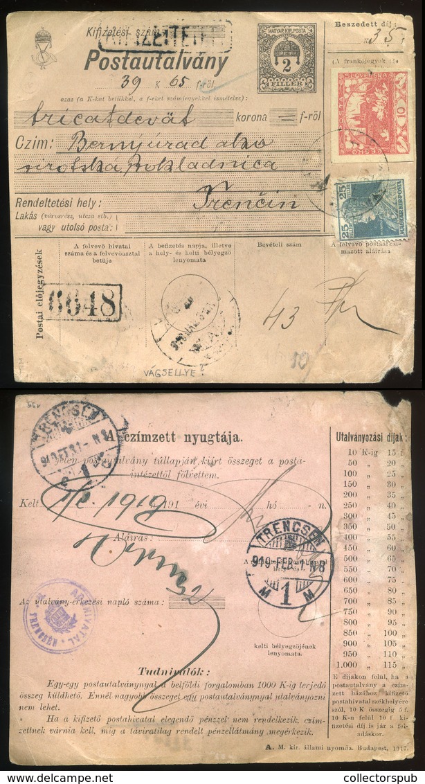 VÁGSELLYE 1919. Postautalvány Hradzsin-Károly Bérmentesítéssel Trencsénbe - Brieven En Documenten