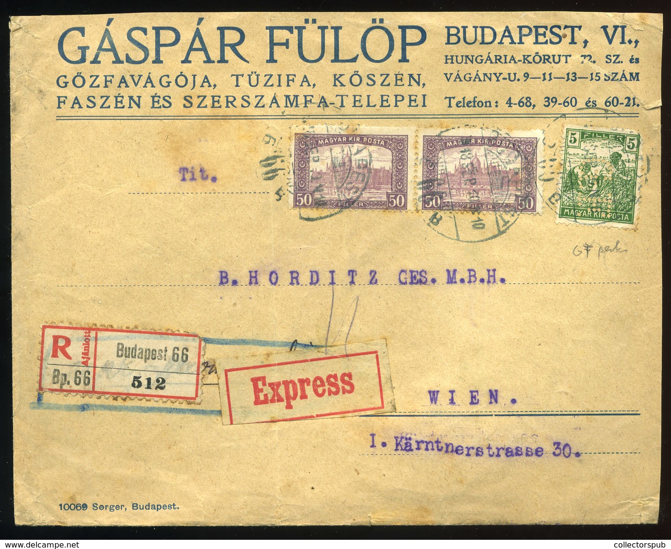 BUDAPEST 1918. Ajánlott-expressz Levél, Céglyukasztásos Bélyegekkel Bécsbe - Gebruikt
