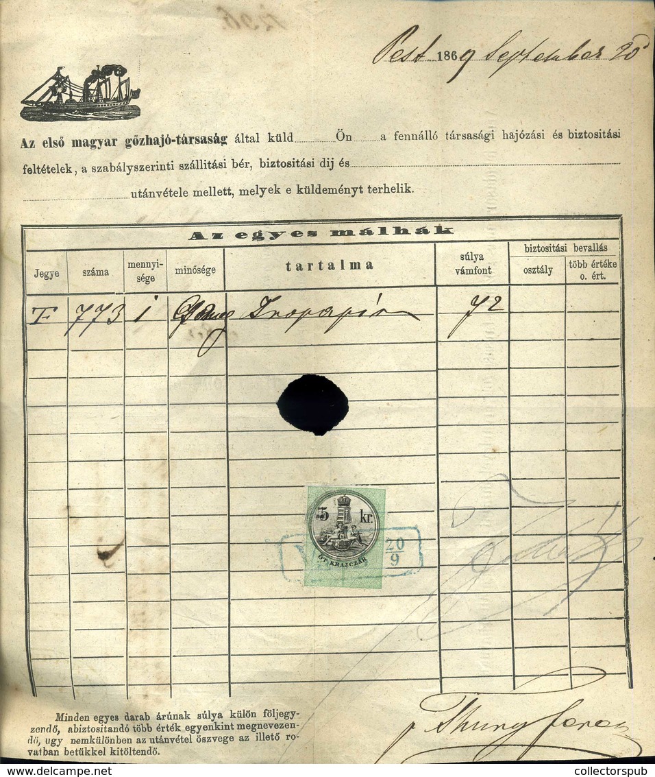 1873 A DDSG Dunai Gőzhajózási Társaság Gyorsárú Fuvarlevele A Honvéd Hajó Pecsétjével / Bill Of Fright Of DDSG Steamship - Gebruikt