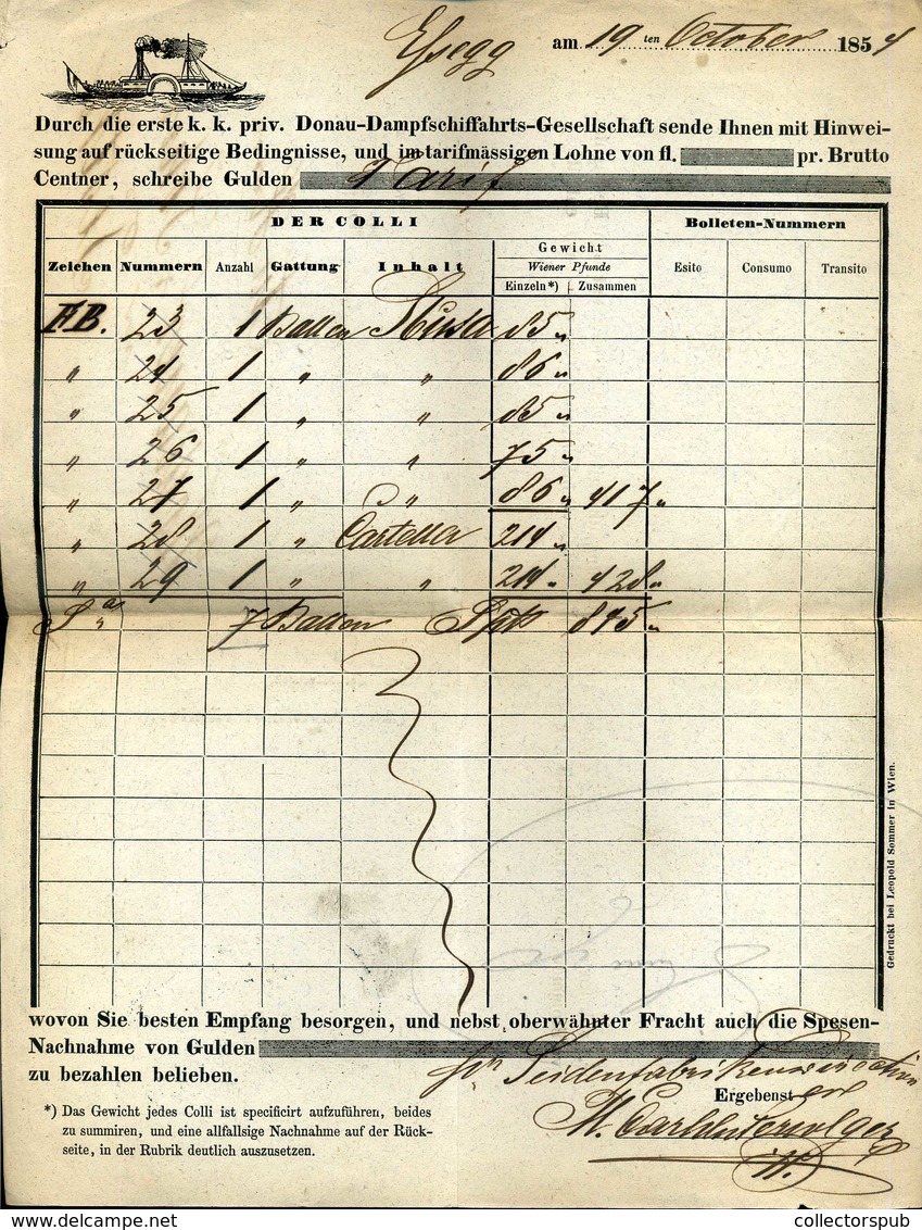 1857 A DDSG Dunai Gőzhajózási Társaság Gyorsárú Fuvarlevele A Propeller Hajó Pecsétjével RRR!/ Bill Of Fright Of DDSG St - Gebruikt