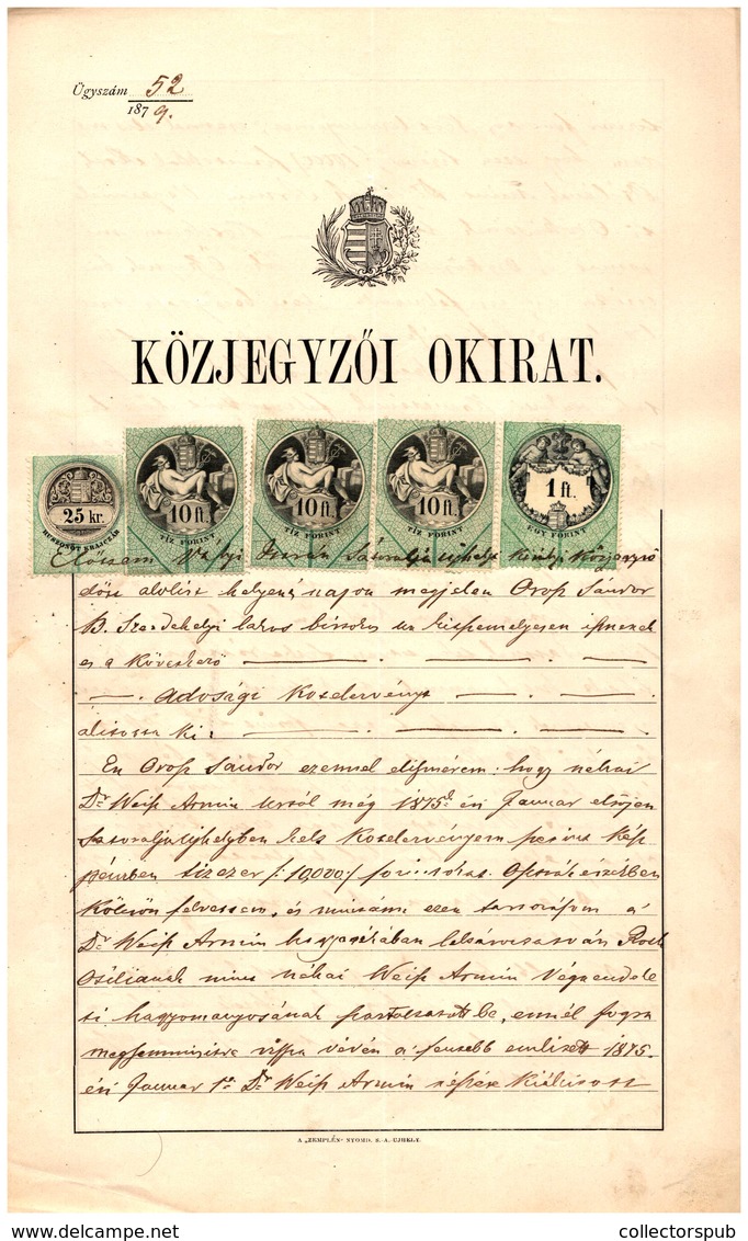 SÁTORALJAÚJHELY 1879. Közjegyzői Okirat , Szép Darab! - Brieven En Documenten