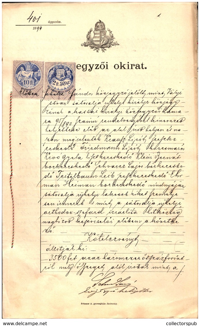 SÁTORALJAÚJHELY 1894. Közjegyzői Okirat , Dekoratív Komplett Dokumentum - Brieven En Documenten