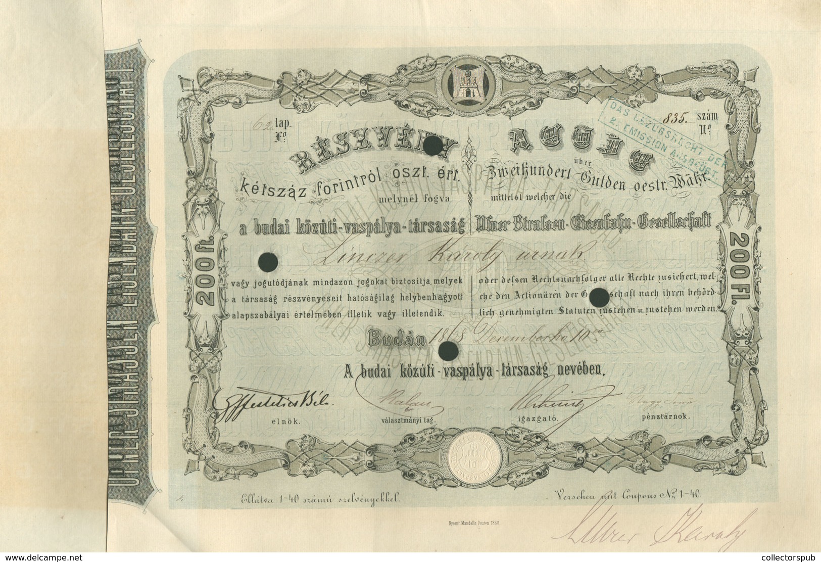 BUDAI KÖZÚTI VASPÁLYA TÁRSASÁG Részvény 1868 / Share, City Rail Co. Of Buda - Zonder Classificatie