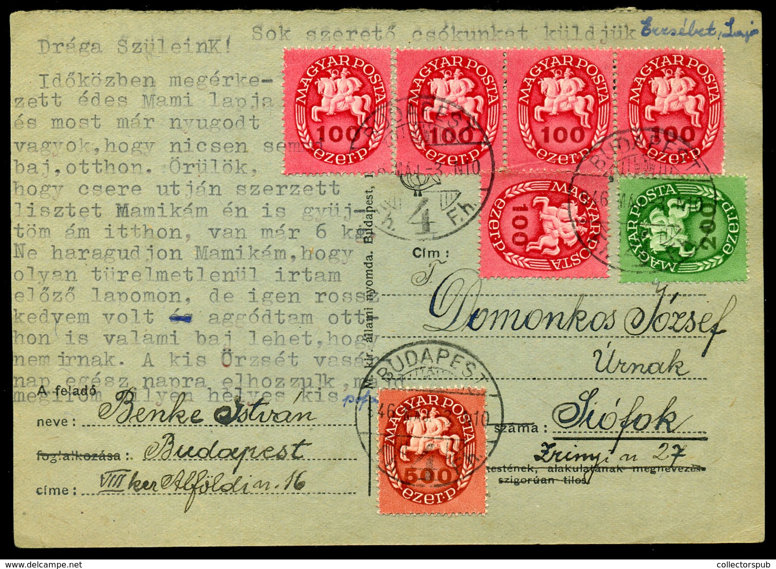 BUDAPEST 1946. Dekoratív Infla Levlap Lovasfutár Bélyegekkel Siófokra / Period14 Domestic Postcard 500+200+5x100eP Budap - Brieven En Documenten