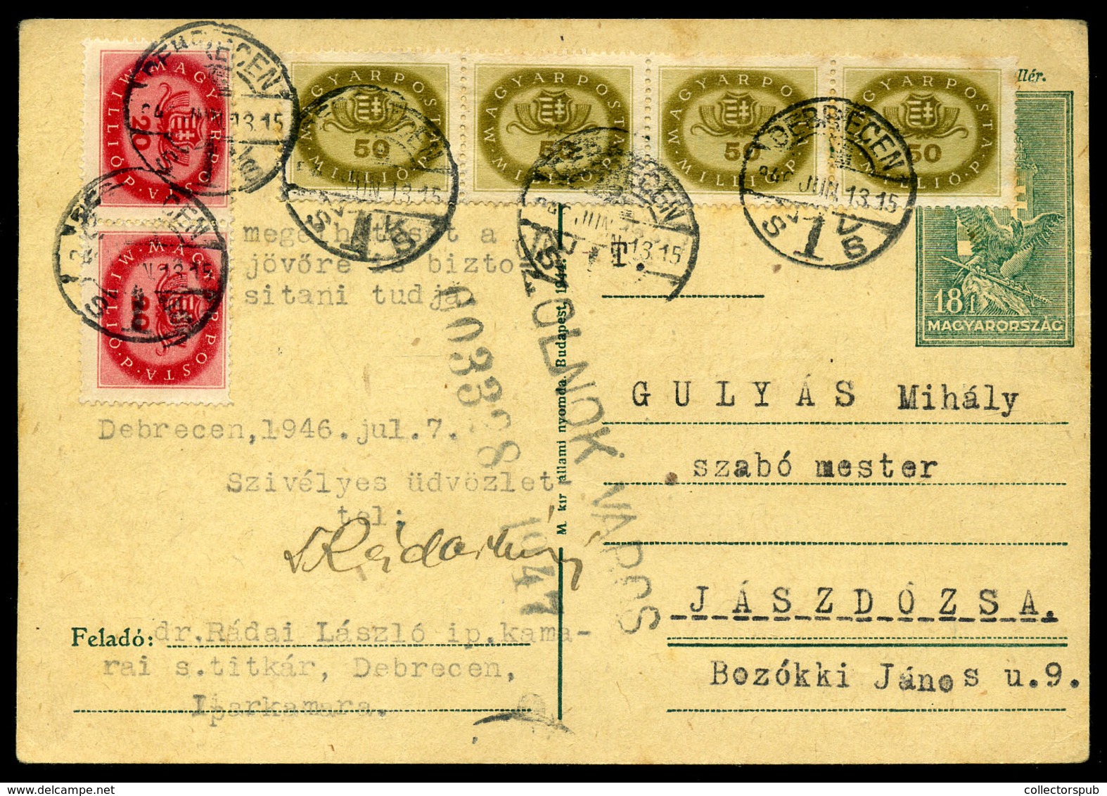 DEBRECEN 1946. Infla Levlap Jászdózsára Küldve / Period19 Domestic Postcard GRACE PERIOD RATE 4x50+2x20millioP (240 Inst - Covers & Documents