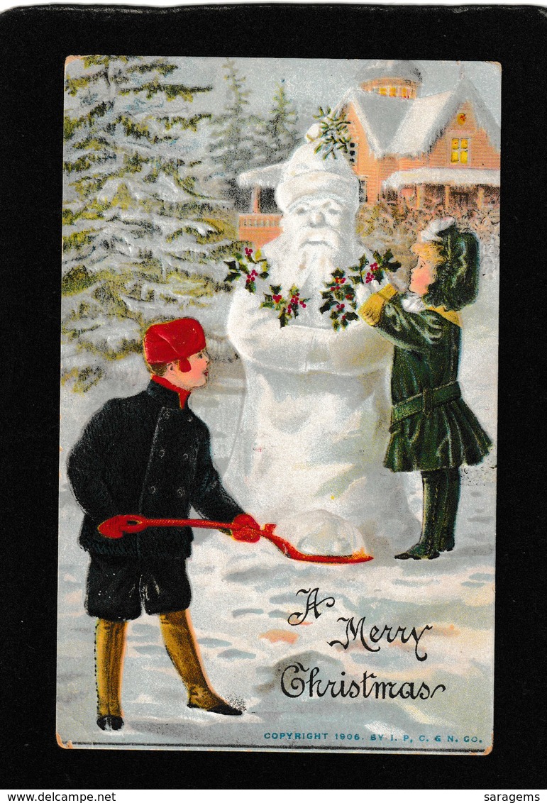 Ellen Clapsaddle - Cute Young Boy And Girl Decorating Snowman Santa 1908 Antique Postcard - Clapsaddle