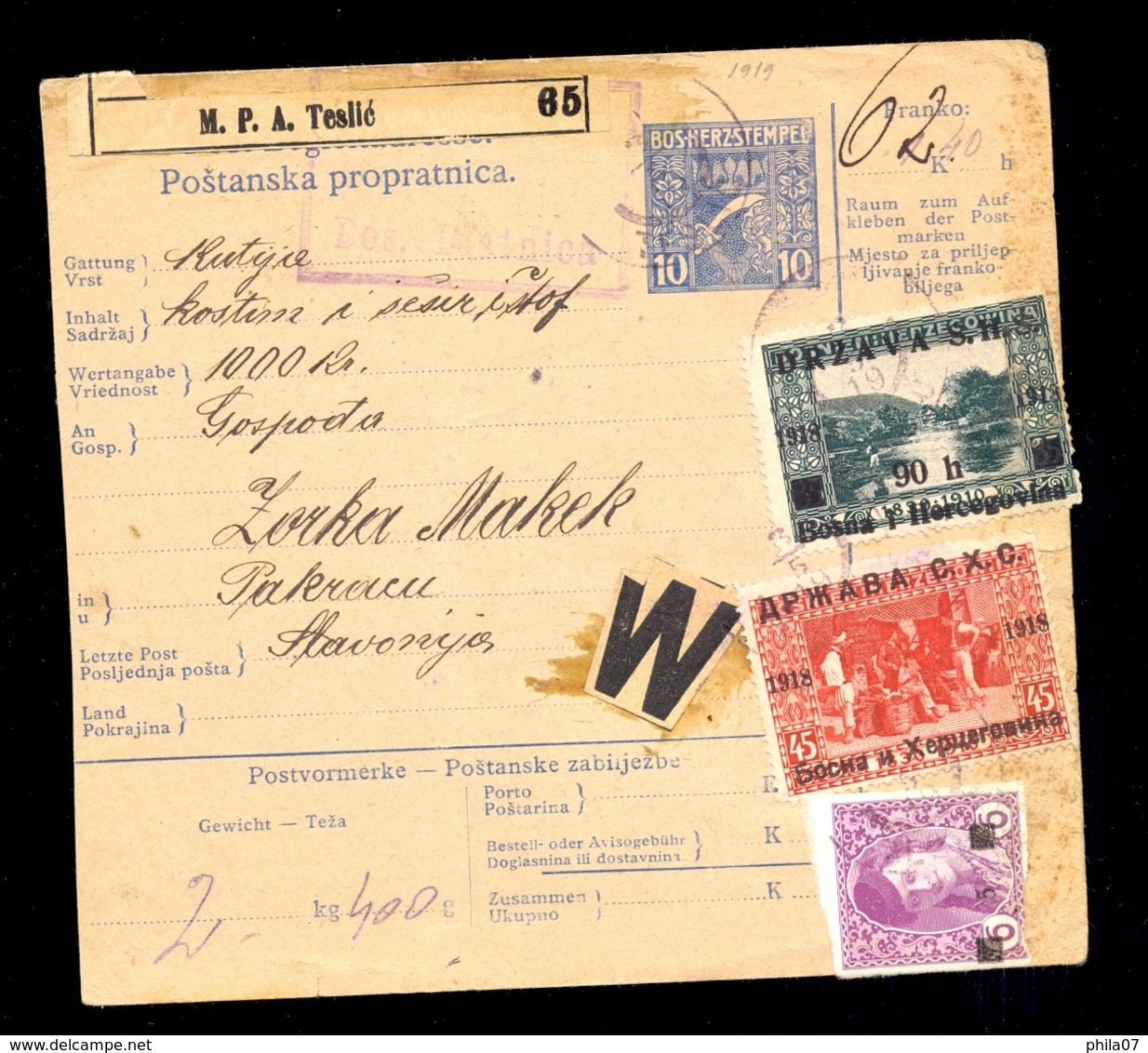 Bosnia And Herzegovina SHS - Parcel Card Sent From Postal Agency Bosanska Blatnica Via Teslić To Pakrac, Rare Cancel Of - Bosnia And Herzegovina