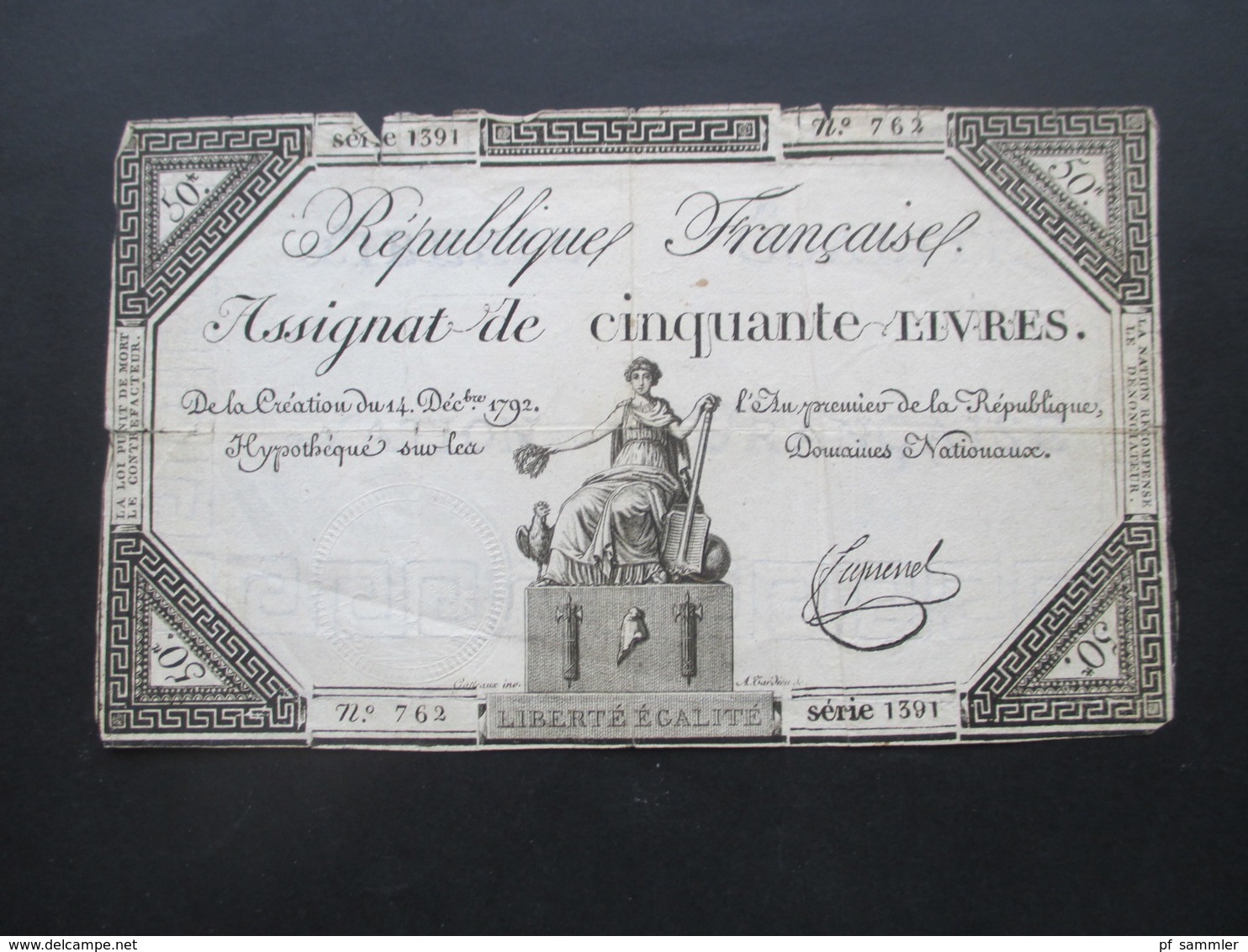 Frankreich Assignat De Cinquante Livres 14. Dec. 1792. No 762 Serie 1391 Starke Gebrauchsspuren!! - ...-1889 Francs Im 19. Jh.