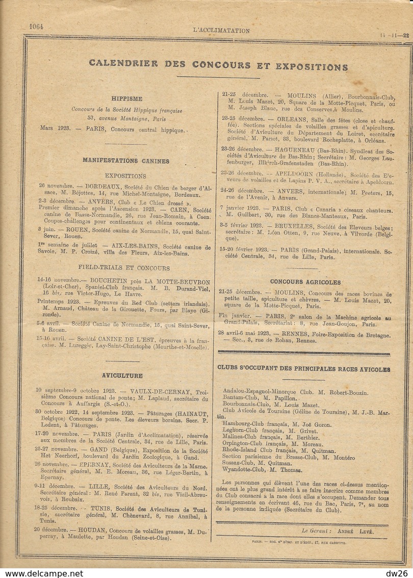 Journal Bi-hebdomadaire Des éleveurs - L'Acclimatation N° 127 Du 14 Novembre 1922 - Other & Unclassified