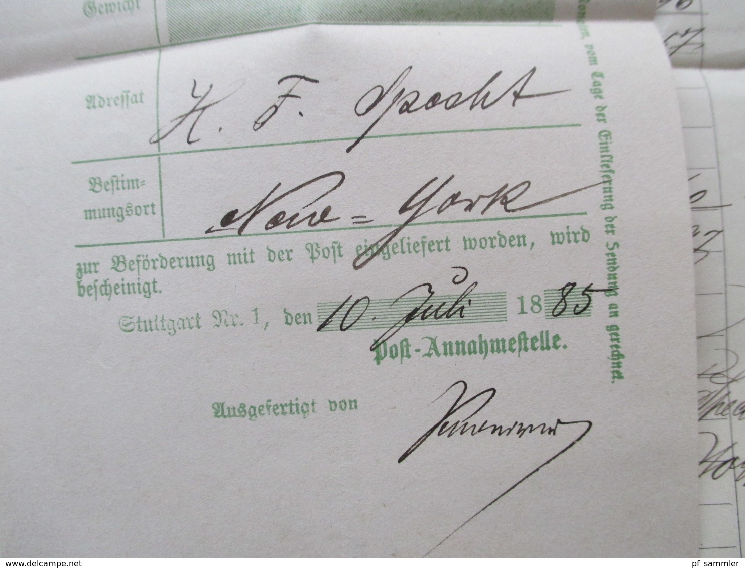 1882 - 93 Württemberg Stuttgart - New York Bank Belege / Nota / Stempelmarken + Post Einlieferungsscheine nach New York