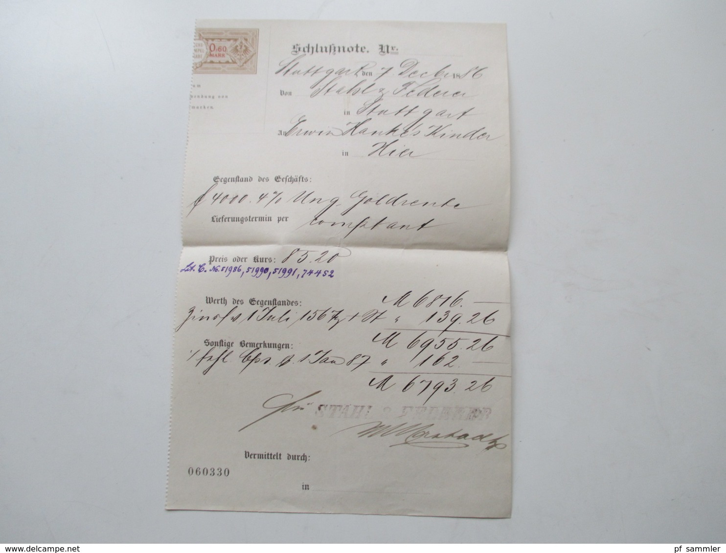1882 - 93 Württemberg Stuttgart - New York Bank Belege / Nota / Stempelmarken + Post Einlieferungsscheine nach New York