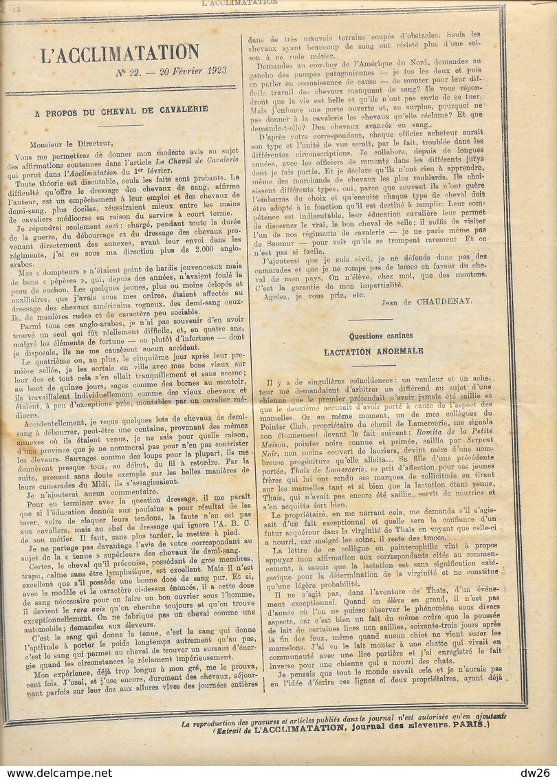 Journal Bi-hebdomadaire Des éleveurs - L'Acclimatation N° 22 Du 20 Février 1923 - Otros & Sin Clasificación