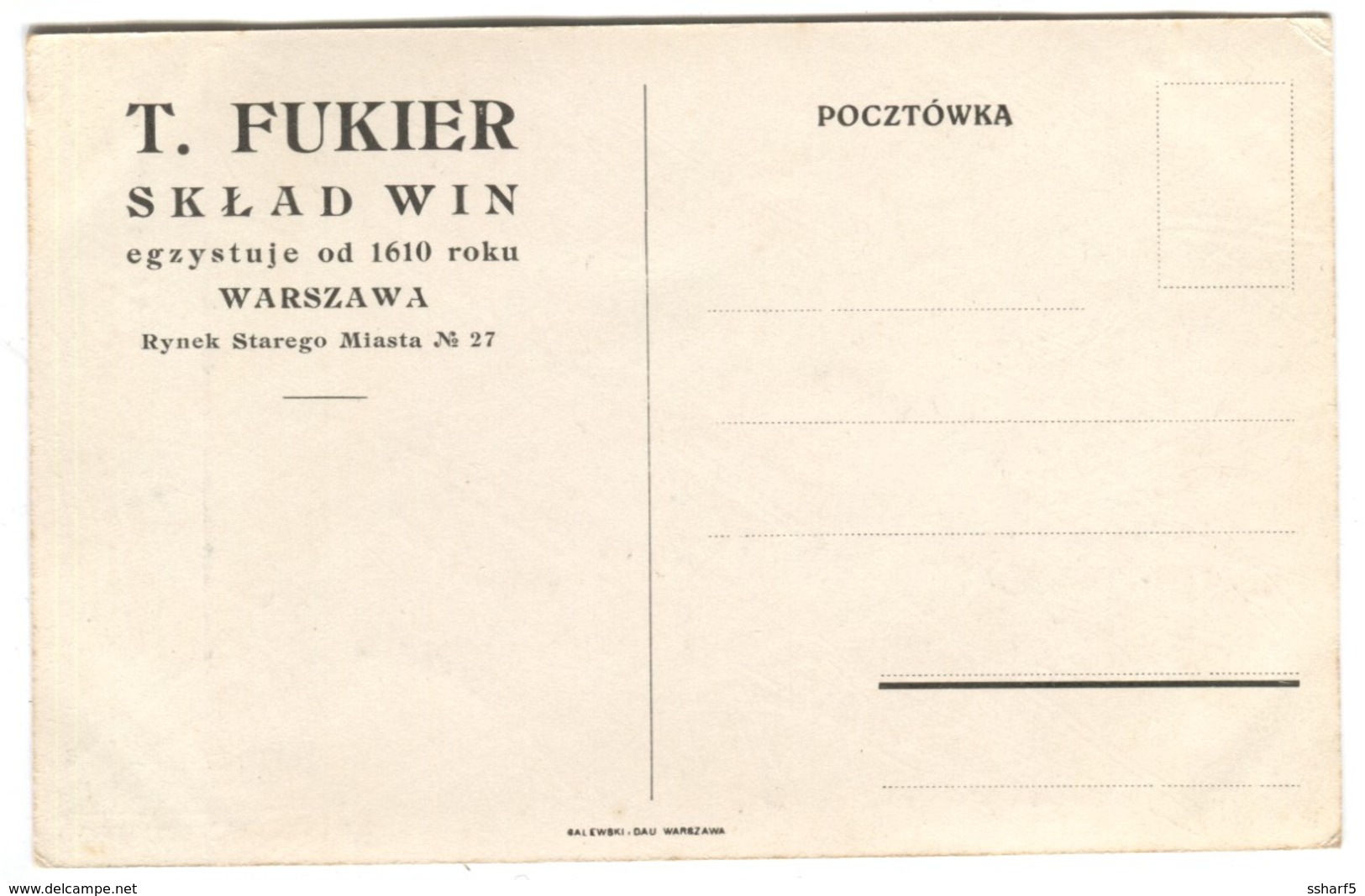 T. FUKIER SKLAd Win Warszawa Rynek Starego Miasta C. 1930 - Poland