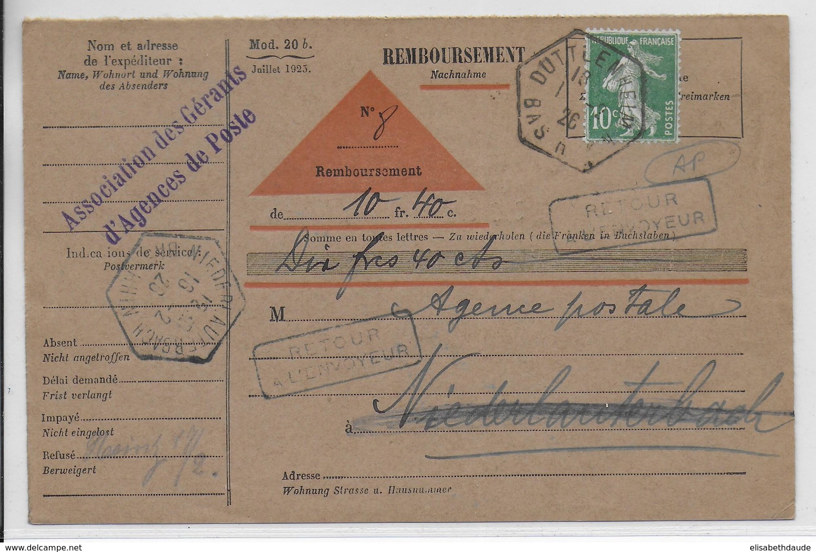 ALSACE - 1926 - CACHET HEXAGONAL De DUTTLENHEIM + NIEDERLAUTERBACH Sur CP REMB. TAXEE ASS.GERANT AGENCE POSTALE - RETOUR - 1921-1960: Période Moderne