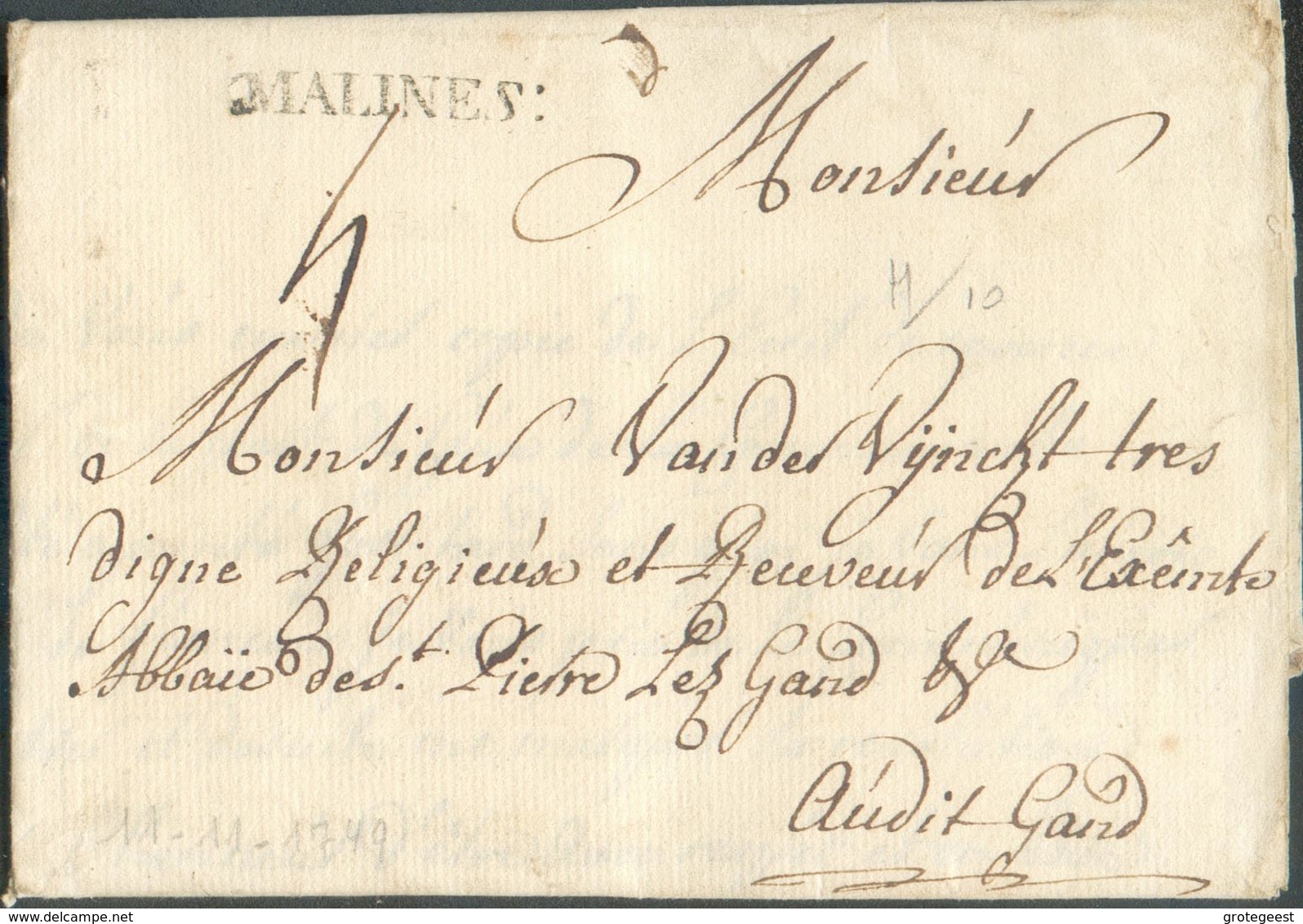 LAC (griffe Au Tampon) MALINES :  Le 11/11/1749 (H.10-) Vers Gand; Port Dû '4'.  Belle Fraîcheur.  Vente Baeten 146 (nov - 1714-1794 (Paises Bajos Austriacos)