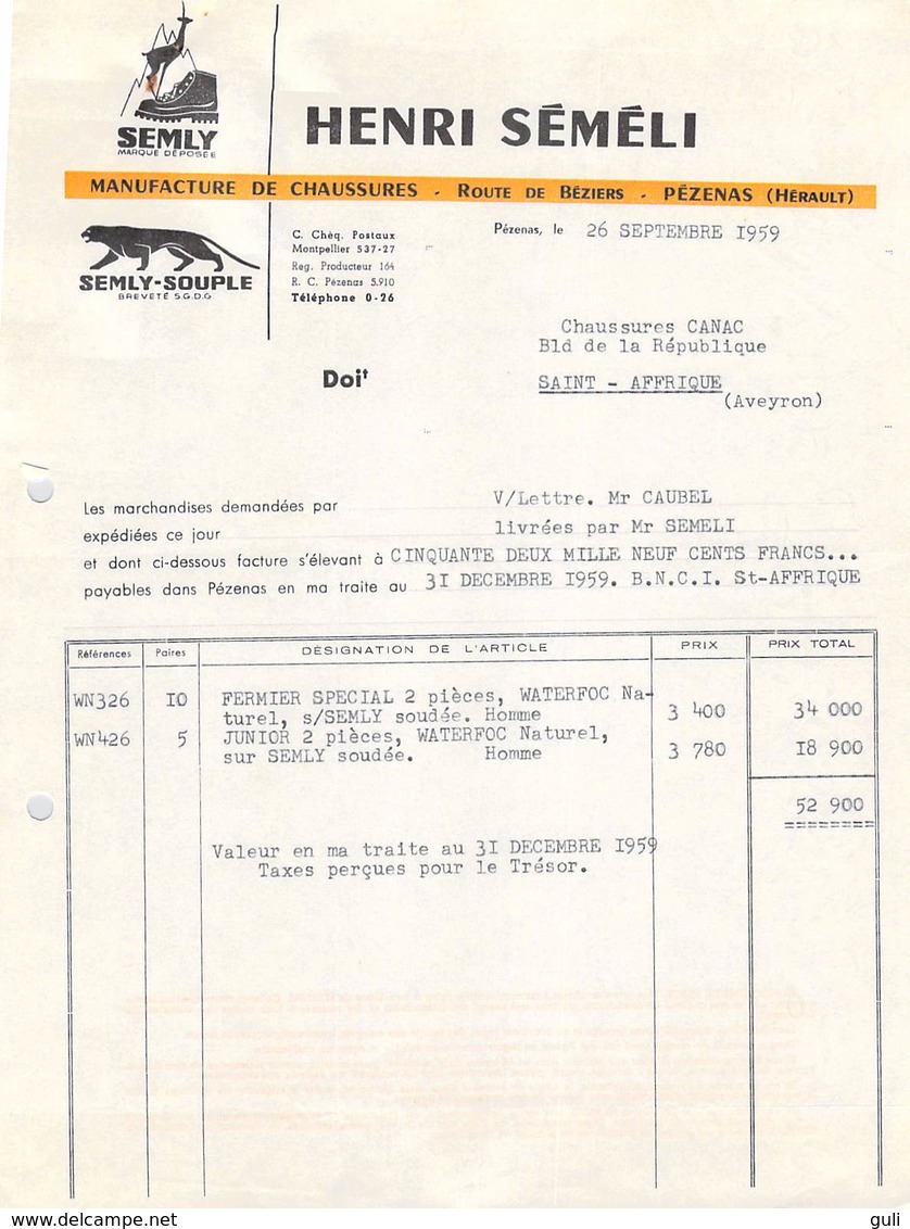 FACTURE De 1959 Manufacture De Chaussures HENRI SEMELI  SEMLY 34 Pézenas  Pour Canac Saint Affrique - Textile & Vestimentaire