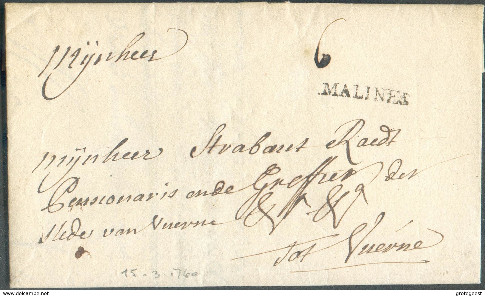 LAC (griffe Au Tampon) MALINES  Le 15/3/1760 Vers Furnes (Veurne); Port Dû '6'.  Belle Fraîcheur.  - 15101 - 1714-1794 (Oesterreichische Niederlande)