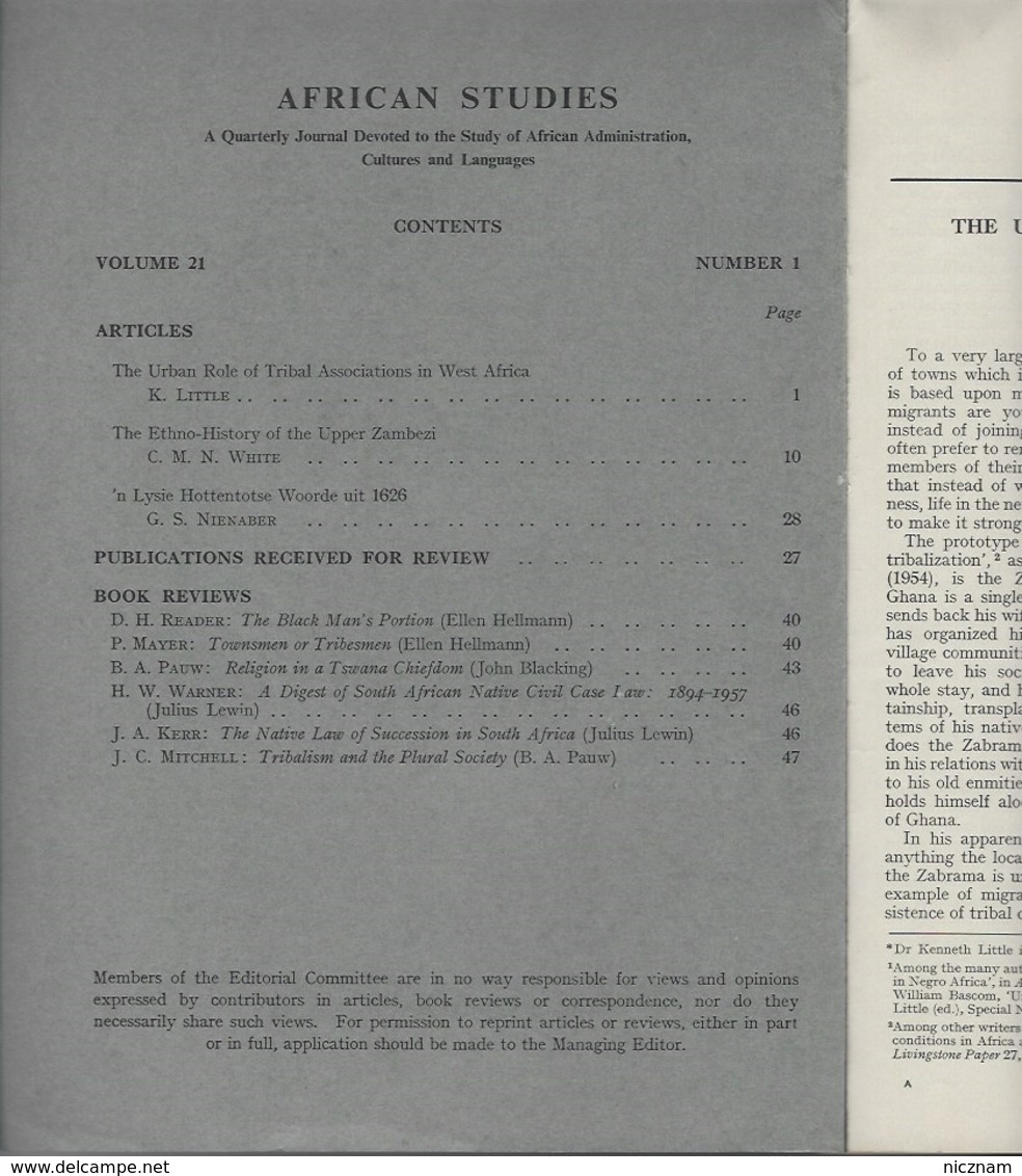 Revue AFRICAN STUDIES - Volume 21 - No 1 - 1962 - Sociologie / Antropologie