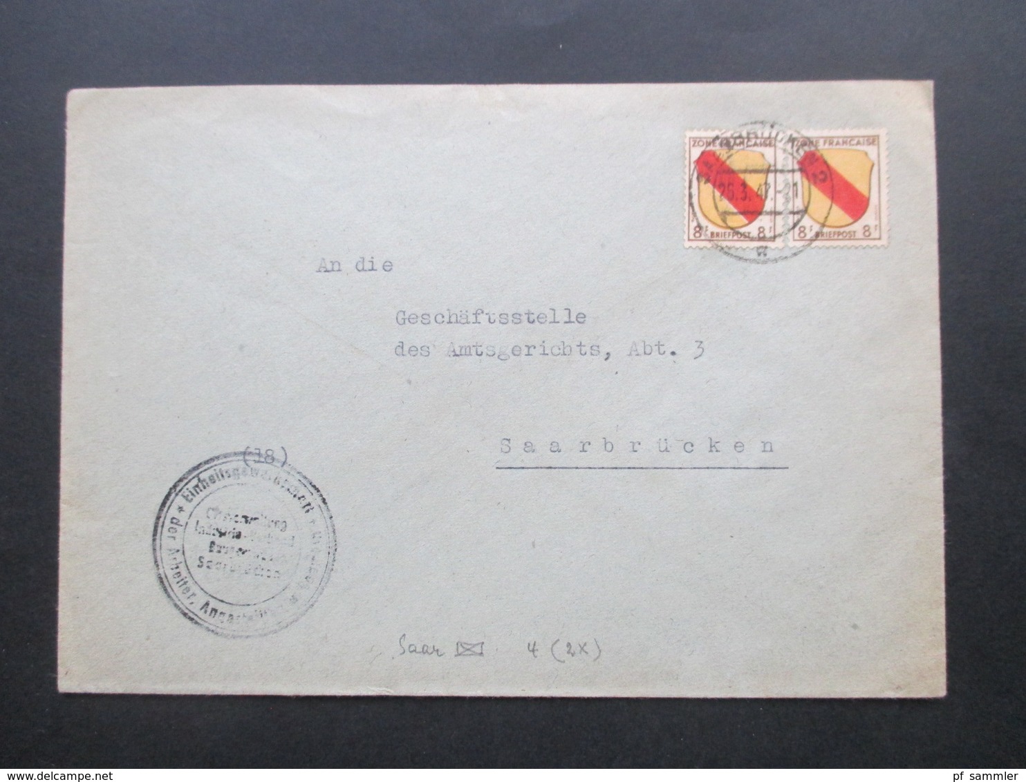 Französische Zone Saarland 1947 Nr. 4 MeF (2) Ortsbrief Saarbrücken - Altri & Non Classificati