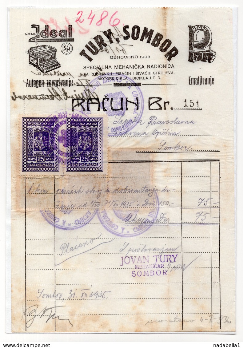 1935 YUGOSLAVIA, SERBIA, SOMBOR, JOVAN TURY, TYPEWRITER, INVOICE ON COMPANY'S LETTERHEAD, 5 REVENUE STAMPS - Other & Unclassified