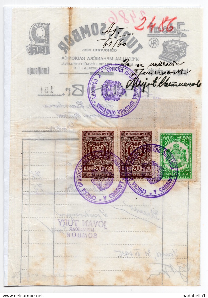 1935 YUGOSLAVIA, SERBIA, SOMBOR, JOVAN TURY, TYPEWRITER, INVOICE ON COMPANY'S LETTERHEAD, 5 REVENUE STAMPS - Other & Unclassified