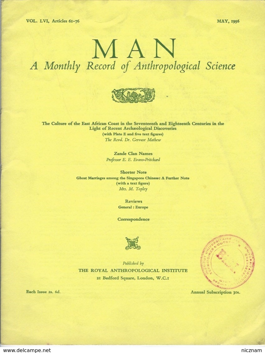 Revue MAN (A Monthly Record Of Anthropological Science) - Vol LVI - Articles 61-76 - May 1956 - Sociology/ Anthropology