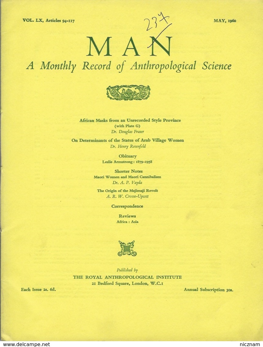 Revue MAN (A Monthly Record Of Anthropological Science) - Vol LX - Articles 94-117 - May 1960 - Sociologie / Antropologie
