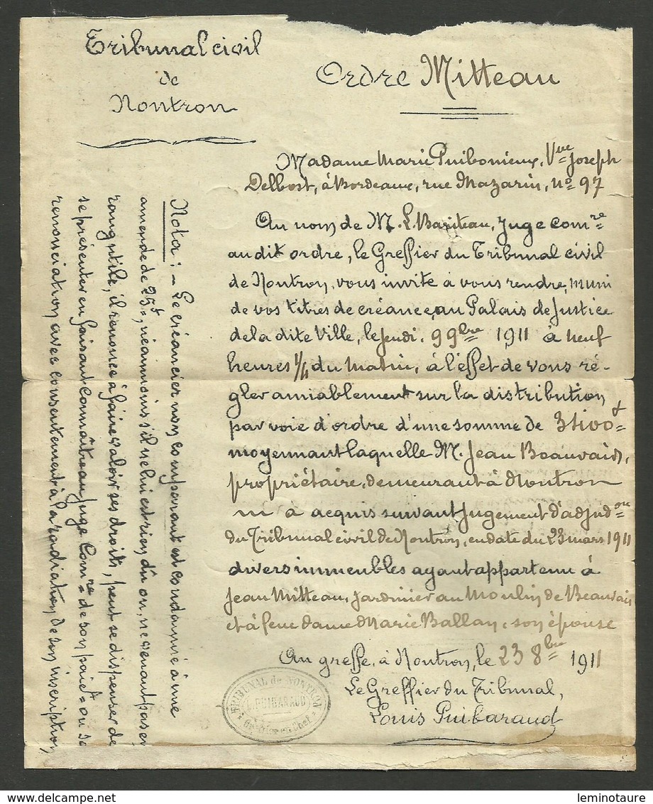 DORDOGNE / Affr. Semeuse / LAC Recommandée De NONTRON 24.10.1911 Pour BORDEAUX - 1877-1920: Période Semi Moderne