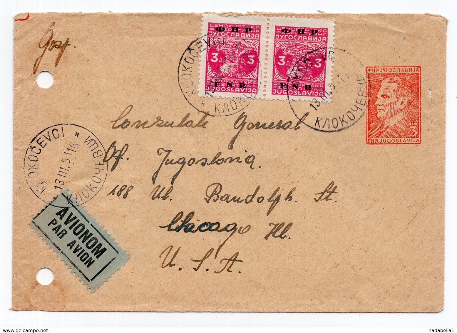 1951 YUGOSLAVIA,CROATIA,KLOKOČEVCI,NAŠICE TO CHICAGO,USA,AIRMAIL,TITO,STATIONERY COVER, USED - Postal Stationery