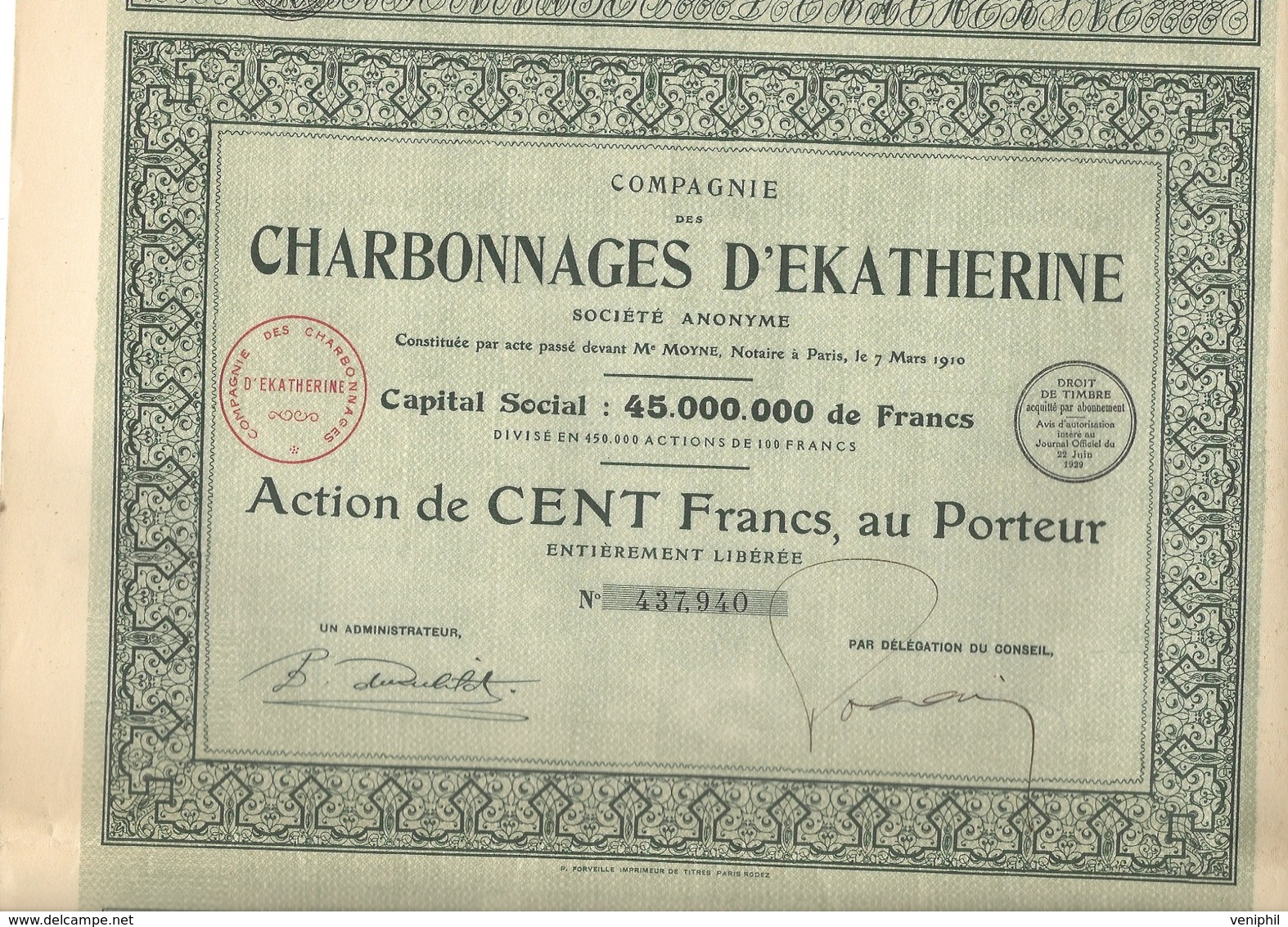 CHARBONNAGES D'EKATHERINE - LOT DE 3 ACTIONS DE 100 FRS -ANNEE 1929 - Mines