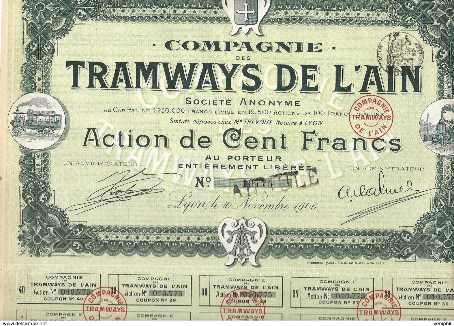 COMPAGNIE DES TRAMWAYS DE L'AIN - ACTION DE 100 FRS - ANNEE 1906 - Ferrovie & Tranvie